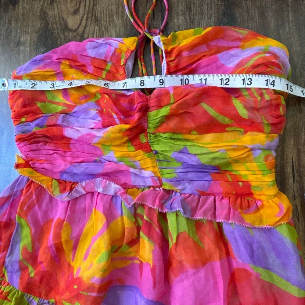 Farm Rio Colorful leaves halter ruffle tiered dress beaded tie XS EX cond - Picture 7 of 12